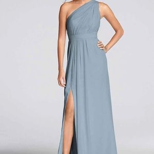 Bridesmaid Long One-Shoulder Crinkle Chiffon Dress / Dusty Blue / David’s Bridal